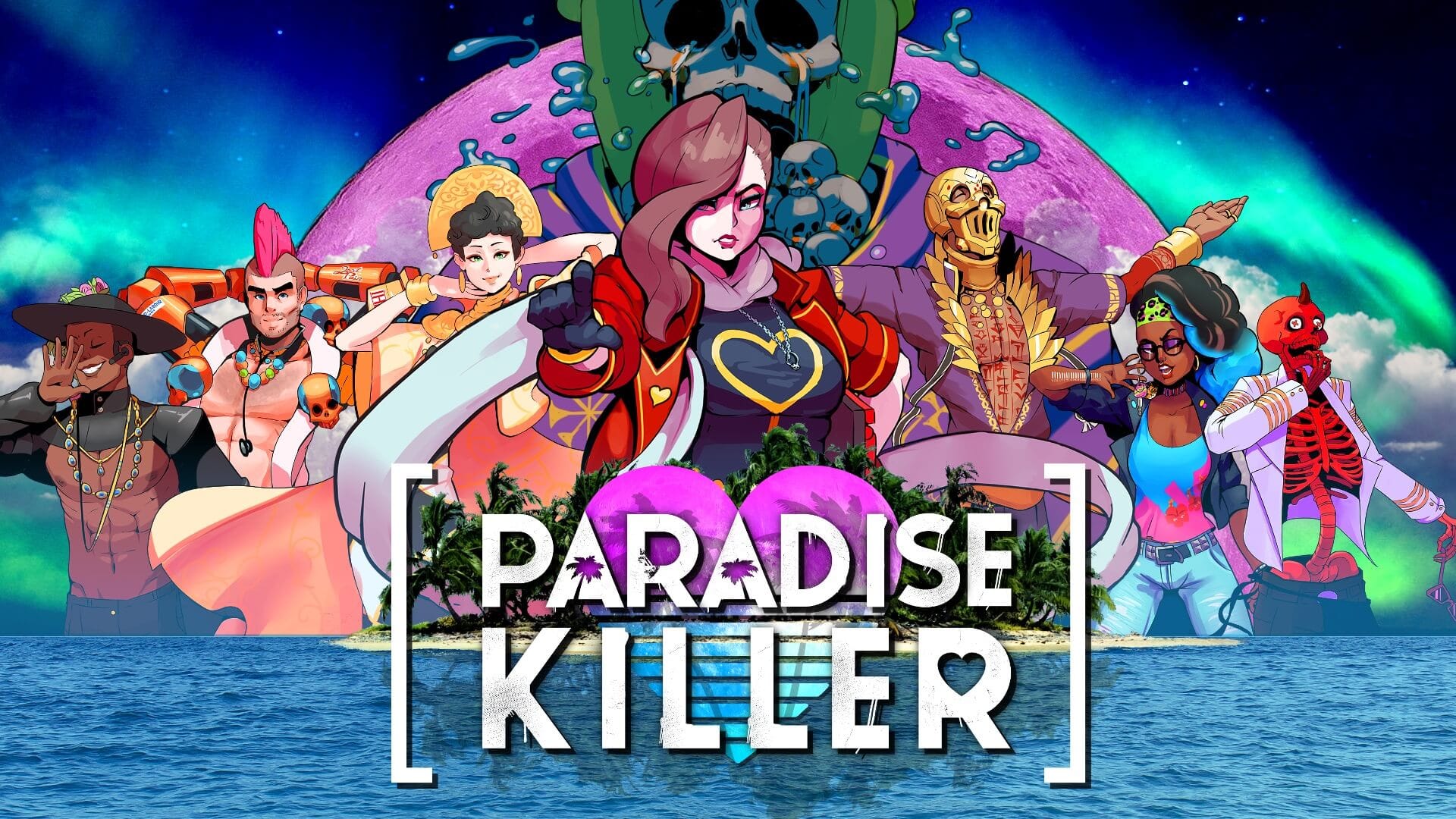 Paradise Killer logo over an image of the major characters and pink moon
