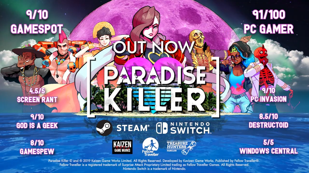 The Paradise Killer logo and key art surrounded by excellent review stores and quotes