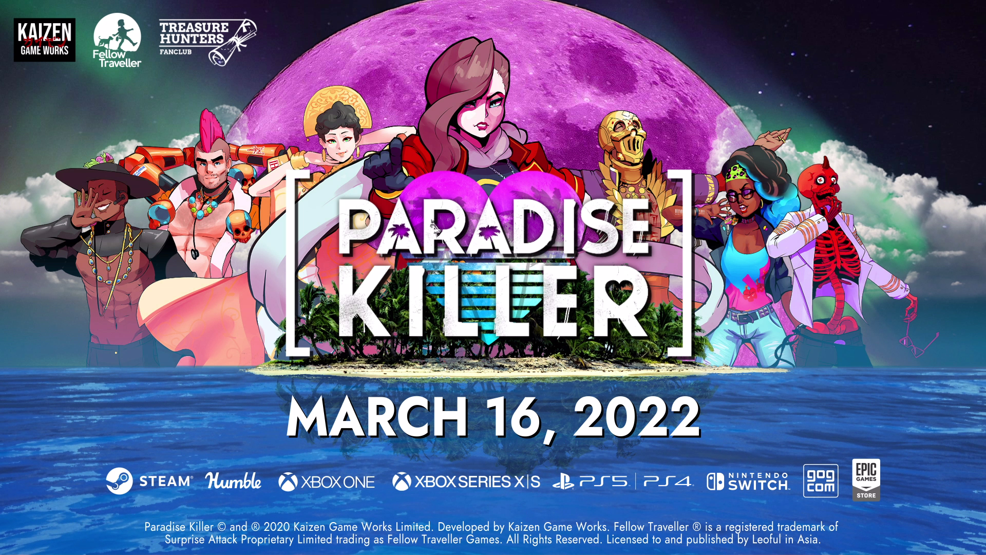 Paradise Killer logo and key art with the date "March 16, 2022"