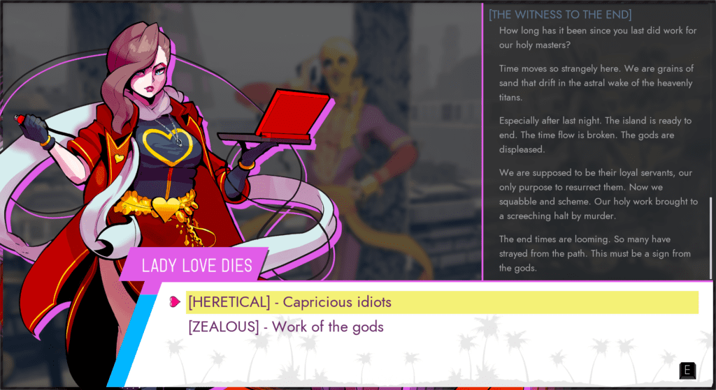 A screenshot of Lady Love Dies making choices in dialogue