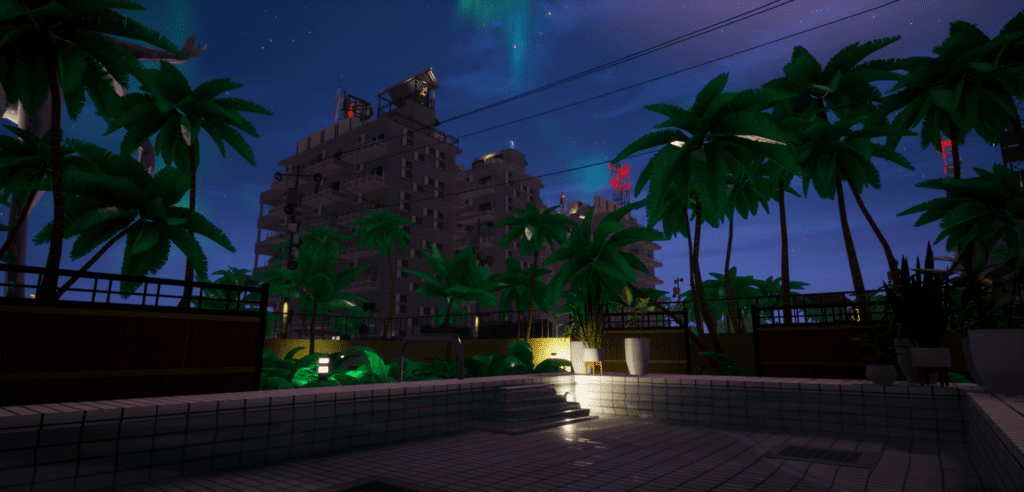 Paradise Killer buildings at night