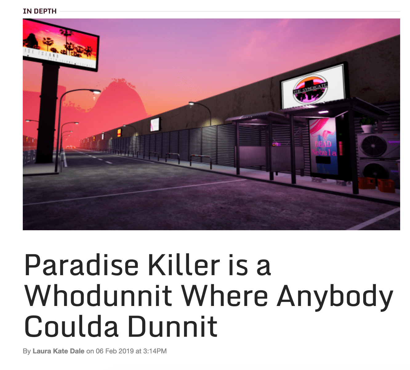A screenshot of the Kotaku website showing the Paradise Killer article