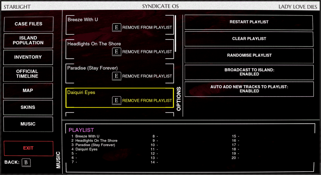 An image of the Music Selection UI within Paradise Killer