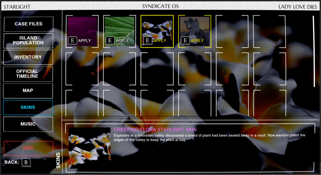 An image of the UI within Paradise Killer showing how to select a Starlight skin