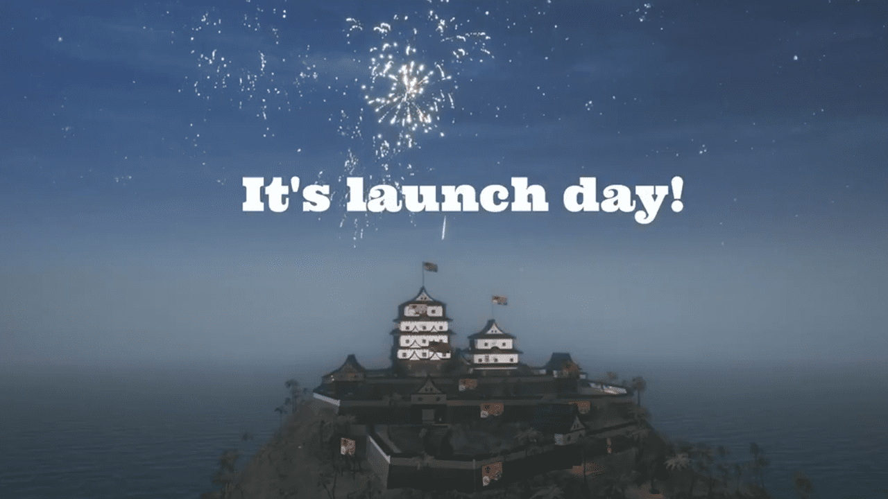 A Japanese Castle on an island in the sea, with fireworks exploding above and the words "It's launch day!"
