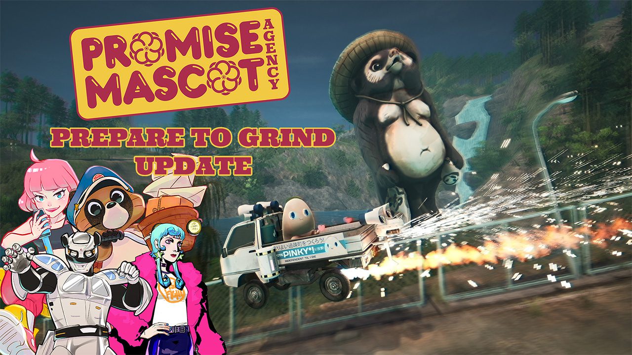Promise Mascot Agency Logo and a selection of characters included in the content updated shown alongsisw the truck grinding in front of a large tanuki statue